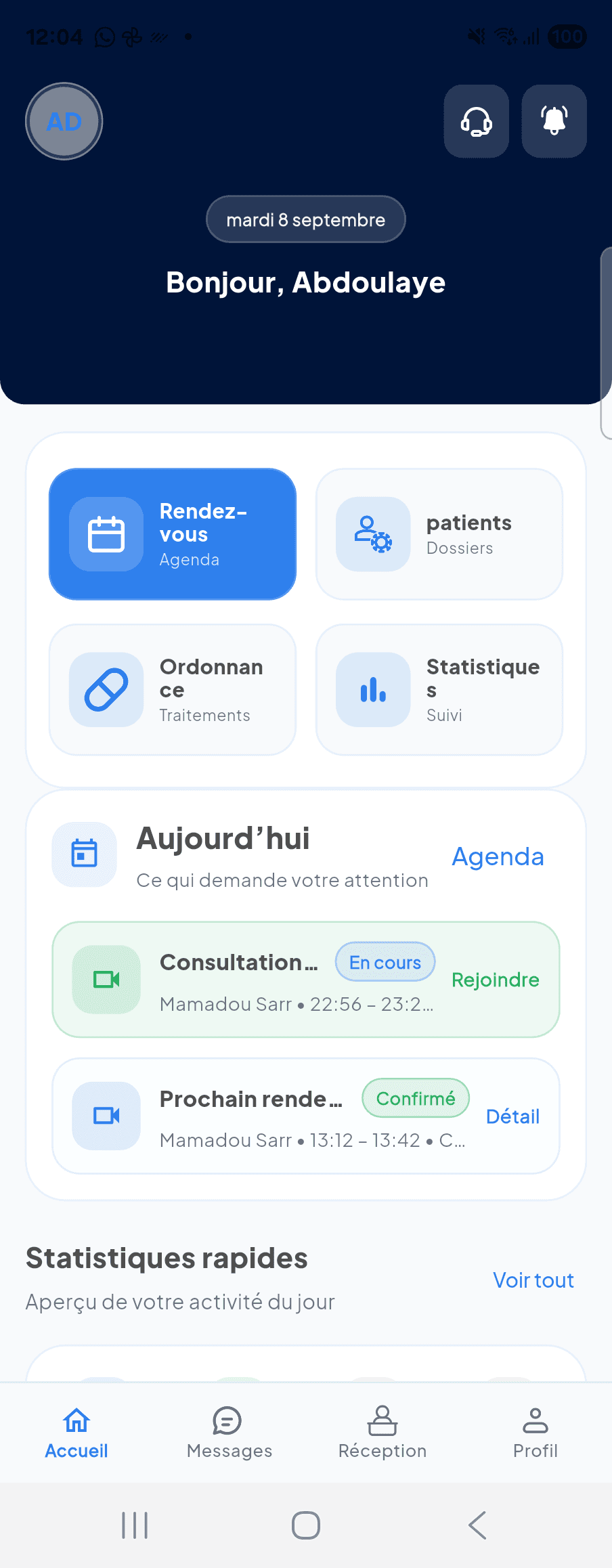 Tableau de bord de l'application médecin NawaQare, agenda du jour et actions cliniques