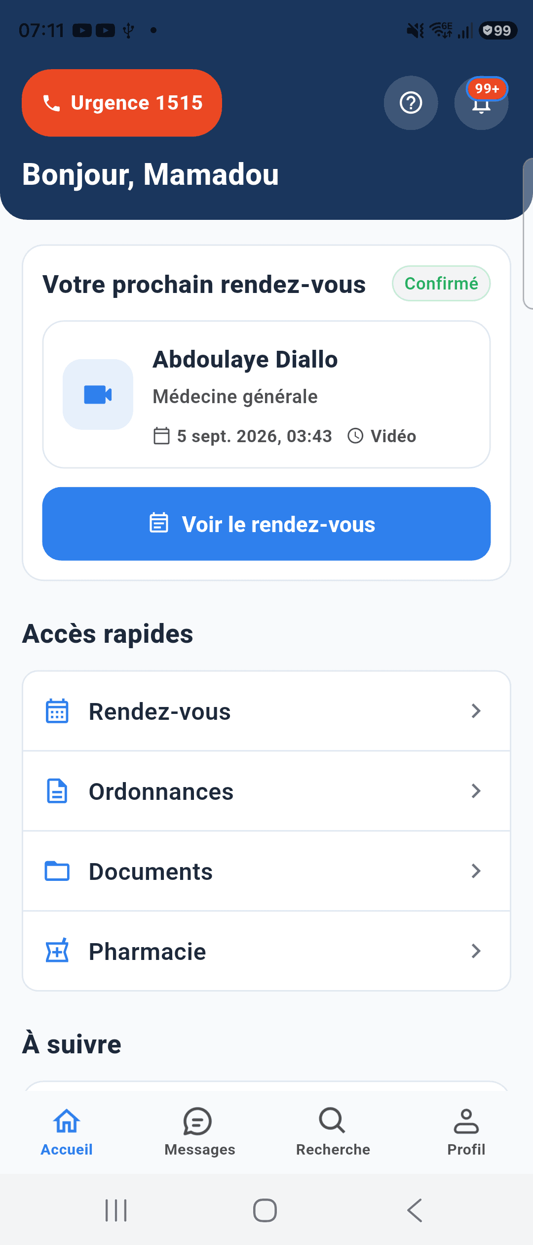 Accueil de l'application patient NawaQare, avec rendez-vous, ordonnances et pharmacie