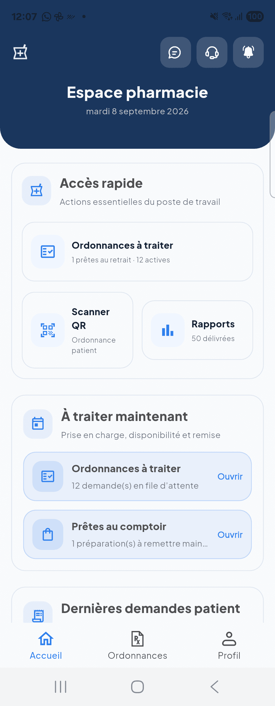 Espace pharmacie NawaQare, ordonnances à traiter et scan de l'ordonnance patient